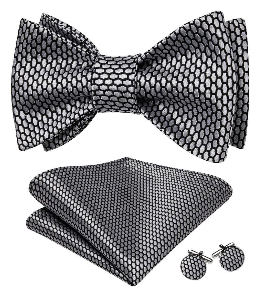 8532 Self Tie Bow Ties Black and Silver Bow Tie Pocket Square Cufflinks Set